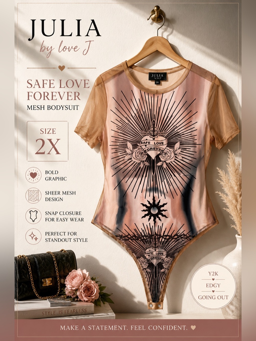 Julia by Love J Safe Love Forever Mesh Graphic Bodysuit Top 2X